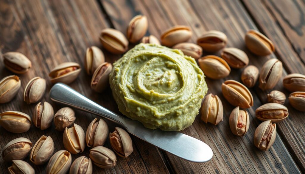 "A jar of creamy pistachio butter on a wooden table, surrounded by shelled pistachios."
