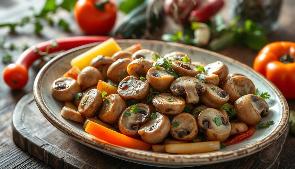 1. “Sautéed button mushrooms in garlic butter served in a skillet.”